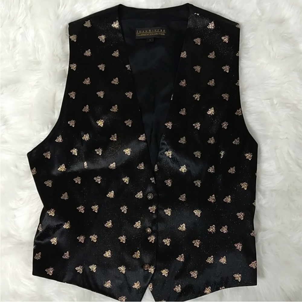 Joan Rivers Black Satin Vest with Gold Metallic bee 🐝 Motifs
